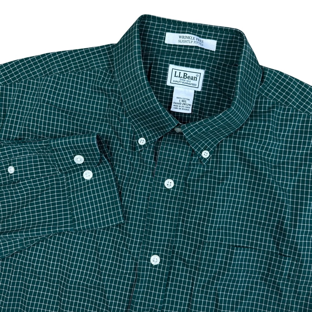 LL Bean Mens Wrinkle Free Slightly Fitted Shirt Green White Grid Check Large L